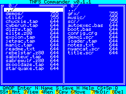 TNFS Commander, a two-pane TNFS file browser, running on a ZX Spectrum and listing files