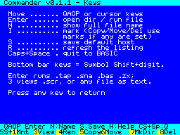 The TNFS Commander help screen on a ZX Spectrum, listing the Symbol-Shift function keys for view, copy, move and delete